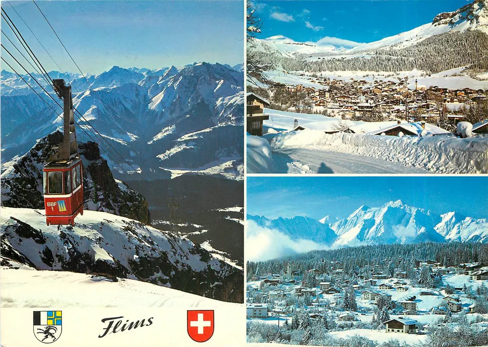 Flims — widok panoramiczny zimowy z teleferyką — wydawca Albert Candrian - Awers
