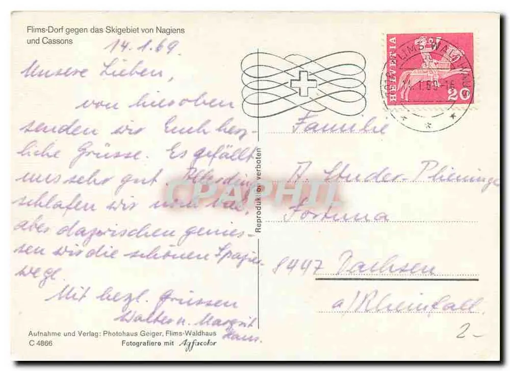 Flims-Dorf — Ansicht des schneeverdeckten Dorfes — Photohaus Geiger, C 4866 - Rückseite