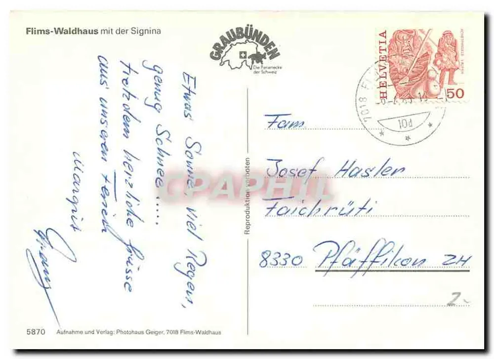 Flims-Waldhaus with the Signina — Grisons, Switzerland — Photohaus Geiger, n° 5870 - Back