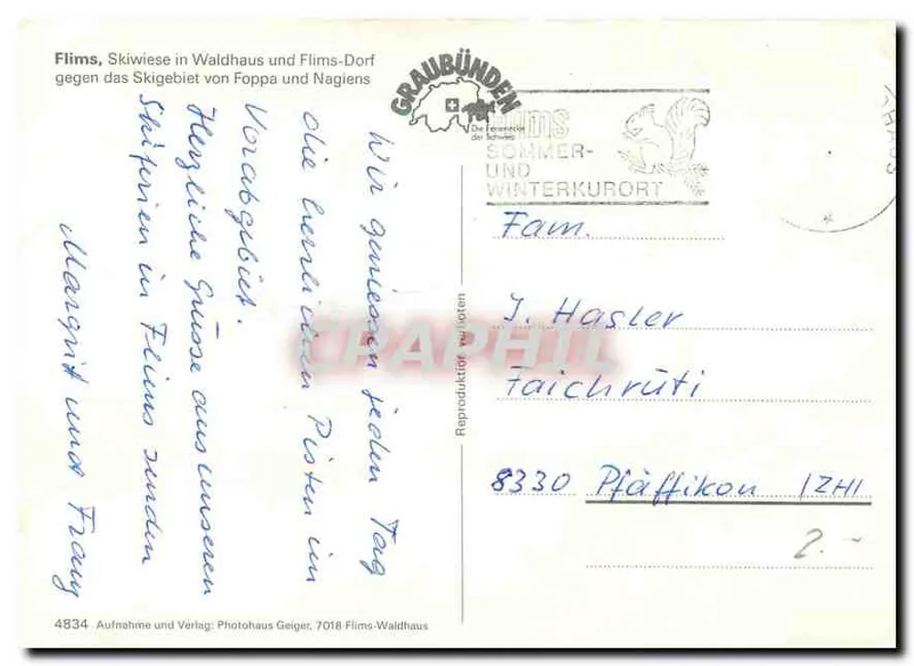 Flims — Skifläche in Waldhaus und Flims-Dorf im Blickfeld des Skigebiets von Foppa und Nagiens — Photohaus Geiger, 7018 Flims-Waldhaus - Rückseite