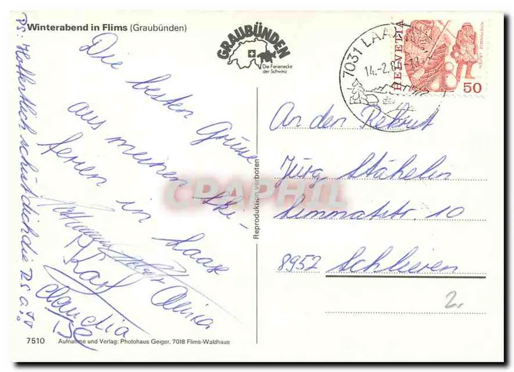 फ्लिम्स — विंटरबेंड (ग्राउबुंडेन) — फोटोहाउस जीगर, 7018 फ्लिम्स-वाल्डहाउस, संख्या 7510 - पीछे