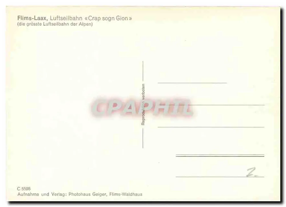 Flims-Laax — Flims-Laax, Cable Car «Crap sogn Gion» — Photohaus Geiger, Flims-Waldhaus, n° C 5598 - Back