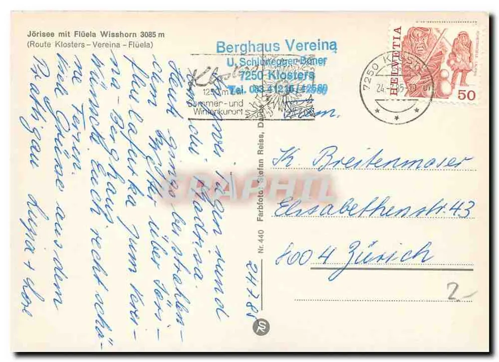 जॉरिसी लेक सहित फ्ल्यूएला विस्शॉर्न 3085 मीटर — क्लोस्टर्स-वेरेइना रूट — प्रकाशक बर्गहाउस वेरेइना - पीछे