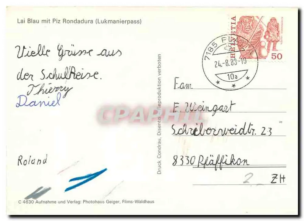 Lai Blau with the Piz Rondadura (Lukmanierpass) — Photohaus Geiger, Flims-Waldhaus — n° C 4630 - Back