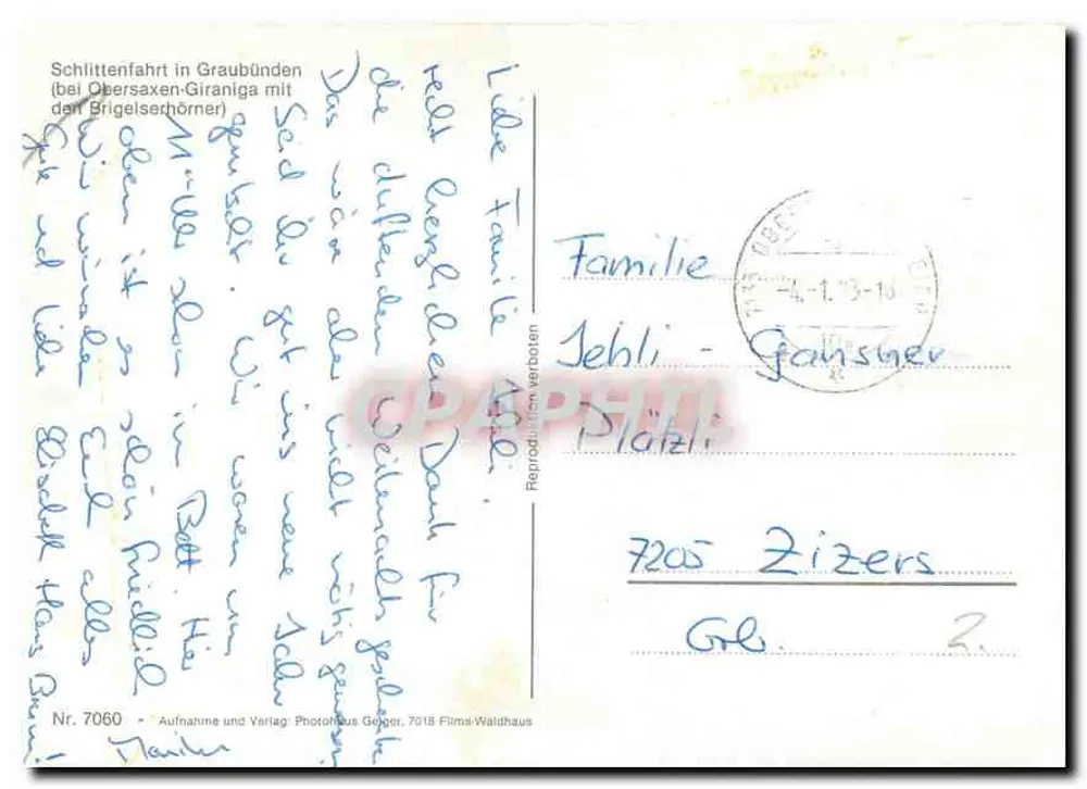 ग्राउबुंडेन में स्लीज राइड (ओबरसैक्सन-गिरानिगा के पास) — ब्रिगेल्सहॉर्न के साथ — फोटोहाउस गोगर, संख्या 7060 - पीछे
