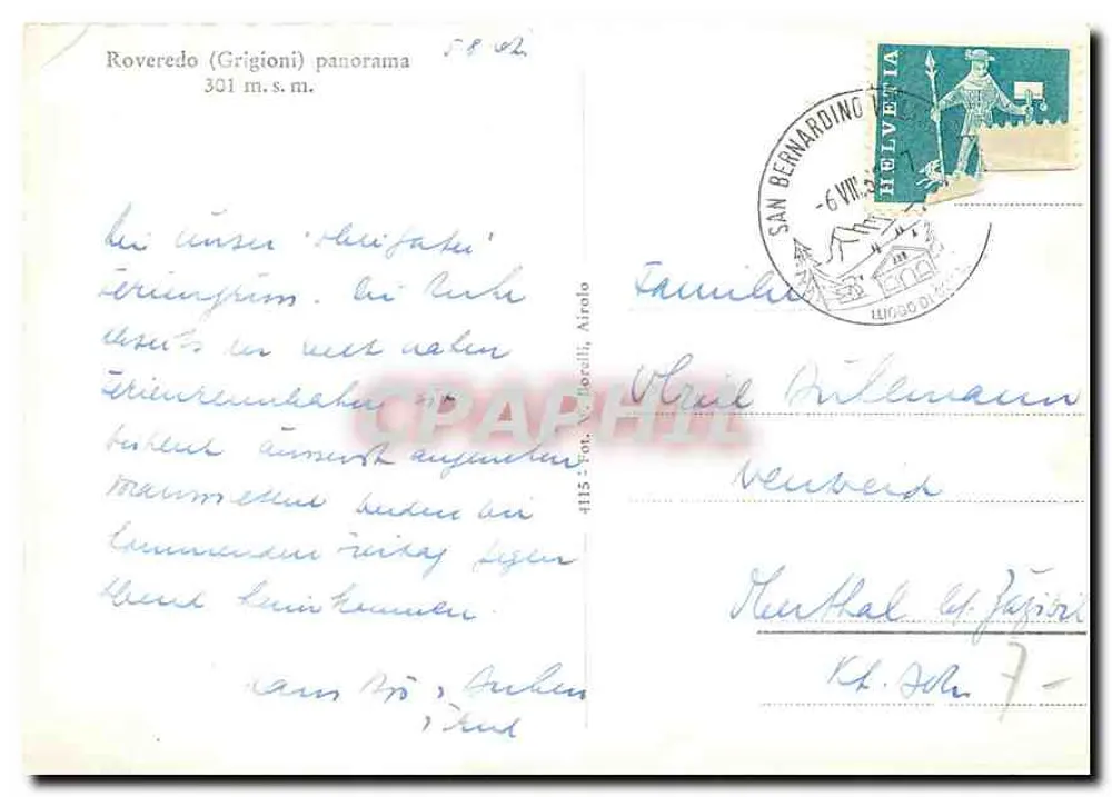 Roveredo (Grigioni) panorama — 301 m.s.m. — editor V. Valerelli, n° 4115 - Verso