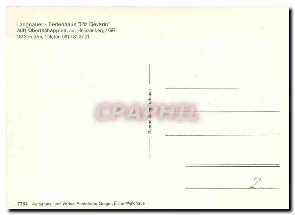 Piz Beverin — Ferienhaus Langnauer — editore Photohaus Geiger, Flims-Waldhaus, n° 7364 - Verso