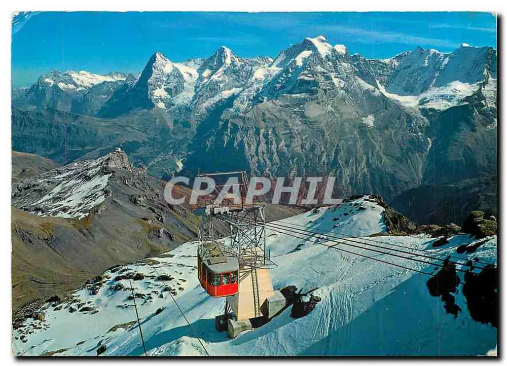 Schilthorn - Piz Gloria — Topstation met gondel en sneeuwbedekte bergen — Colorphoto H. Steinhauser, Interlaken, n°7687 - Voorkant