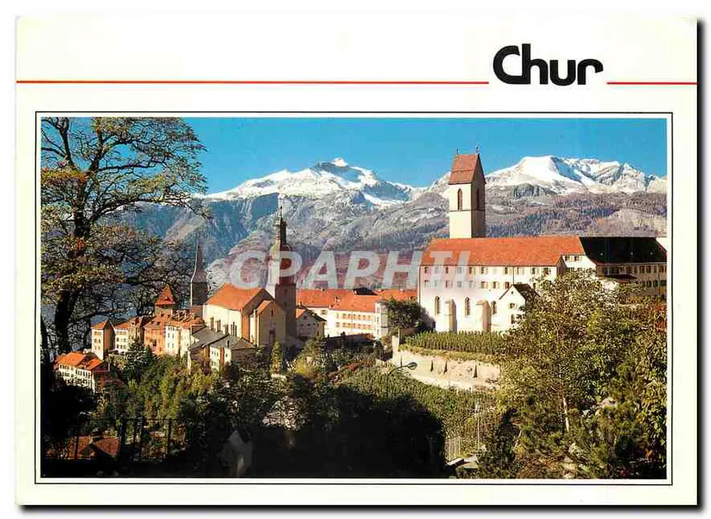 Chur — vista panorâmica com igreja e montanhas nevadas — Verlag Photohaus Gegen 7018 - Frente