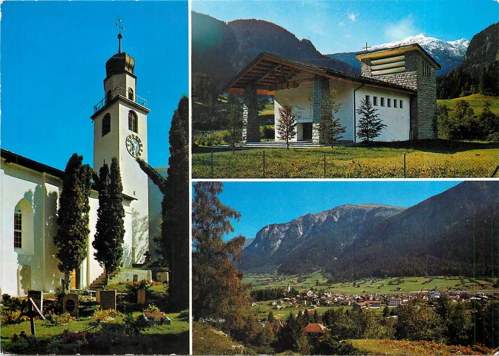 Andeer, Badekurort 980 m ü. M. — Katholieke Kerk – Evangelische Kerk — Foto Rheinwald, Splügen - Voorkant