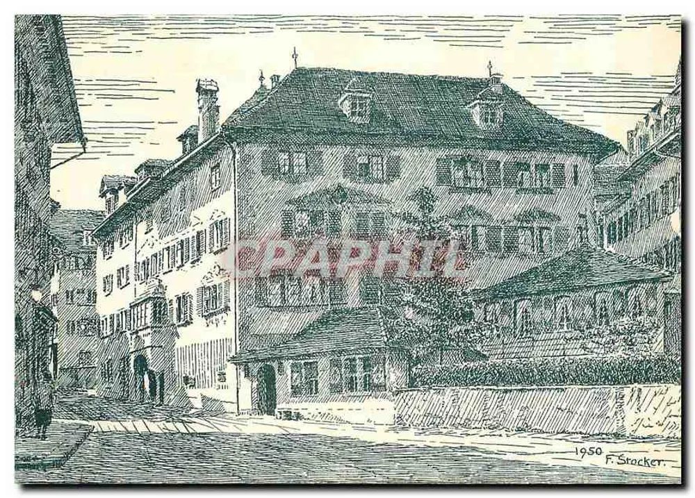 Vista de rua com edifício de madeira — gravura de F. Stacketer — 1950 - Frente