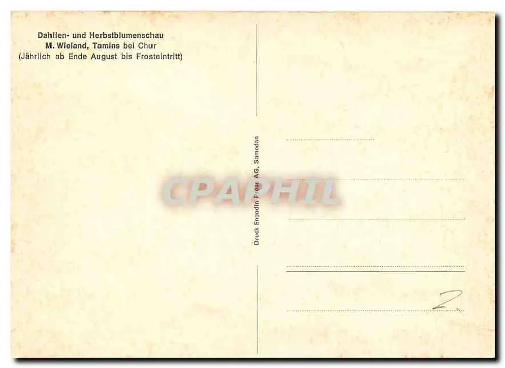 Dahlia- und Herbstblumengarten in Tamins — nahe Chur — Verlag Druck Ensadlin Pres. AG, Sumedan - Rückseite