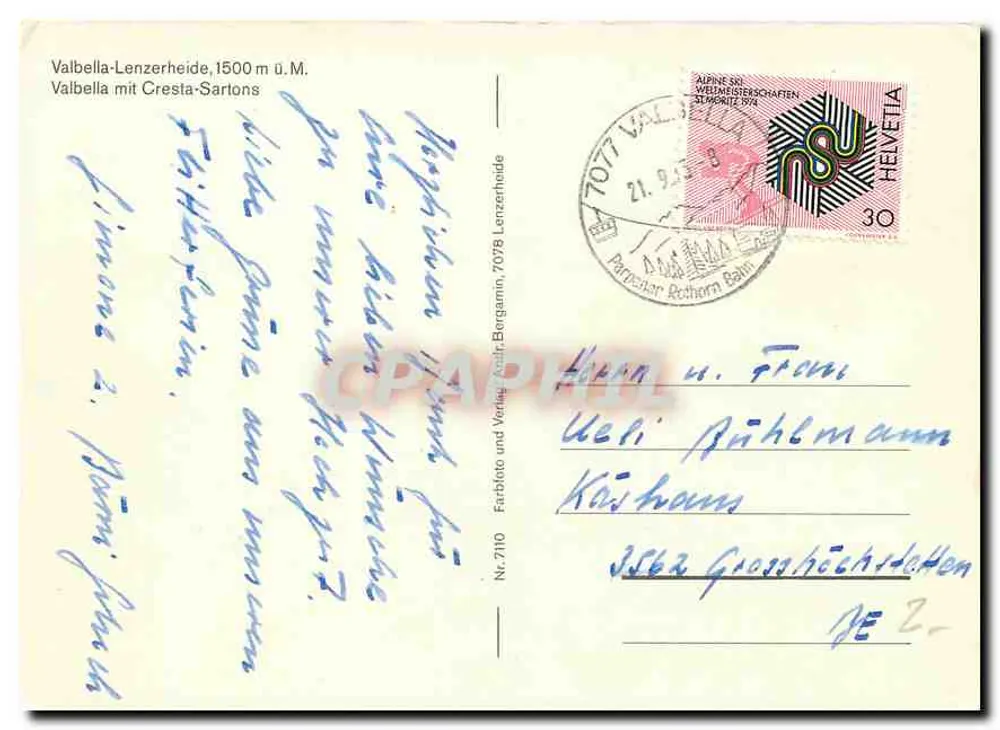 Valbella-Lenzerheide, 1500 m n.p.m. — Valbella z Cresta-Sartons — Farbfoto und Verlag, A. B. Bergamm, 7078 - Rewers