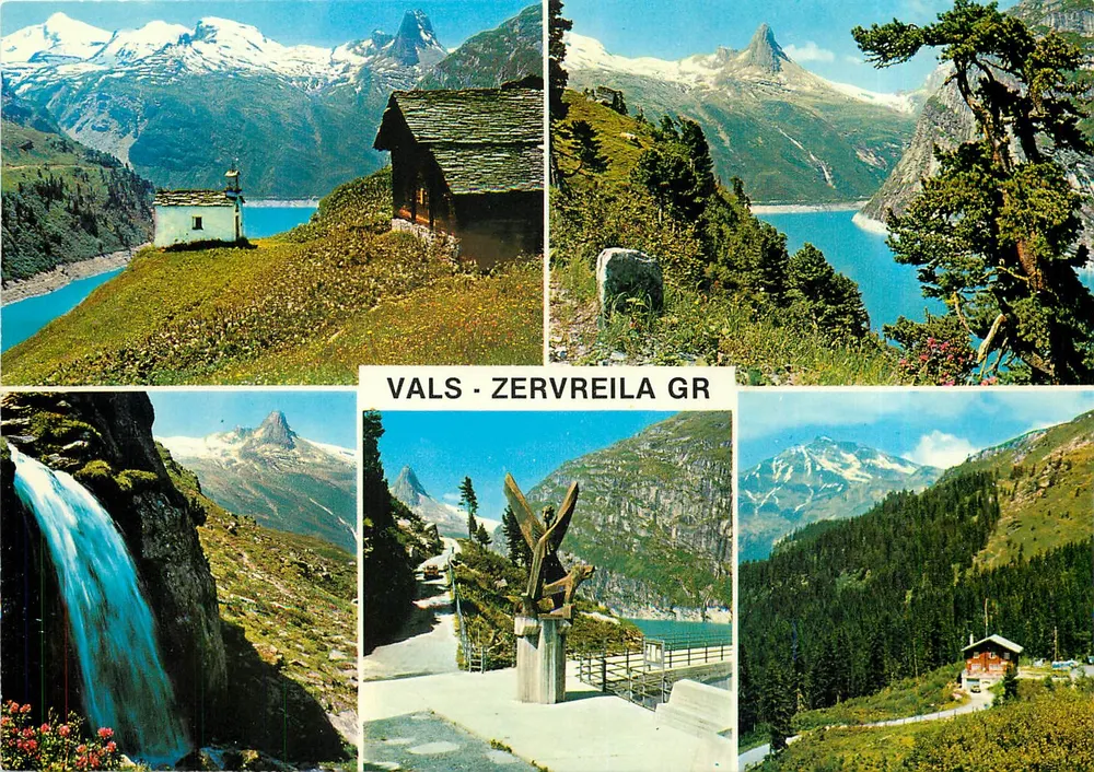 Vals - Zervreila GR — alpejski krajobraz z wodopadem, kaplicą, statuą i jeziorem — foto Gross St Fiden - Awers