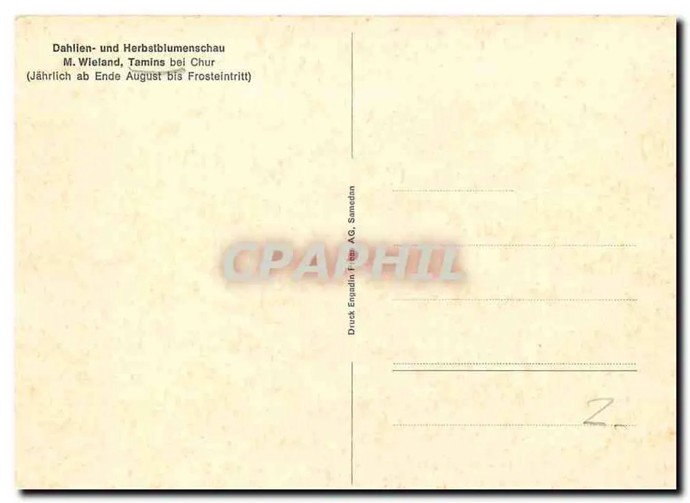 Jardin de dahlias et de fleurs d'automne à Tamins — près de Chur — éditeur Druck Engadin F. AG, Samaden - Verso