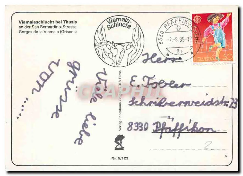 Viamala — Schluchten der Viamala (Grisons) — Verlag Photohaus Guppi, Nr. 5/123 - Rückseite