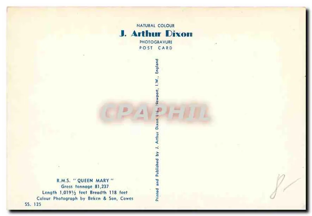 R.M.S. 'QUEEN MARY' — grande navio transatlântico — J. Arthur Dixon, SS 125 - Verso