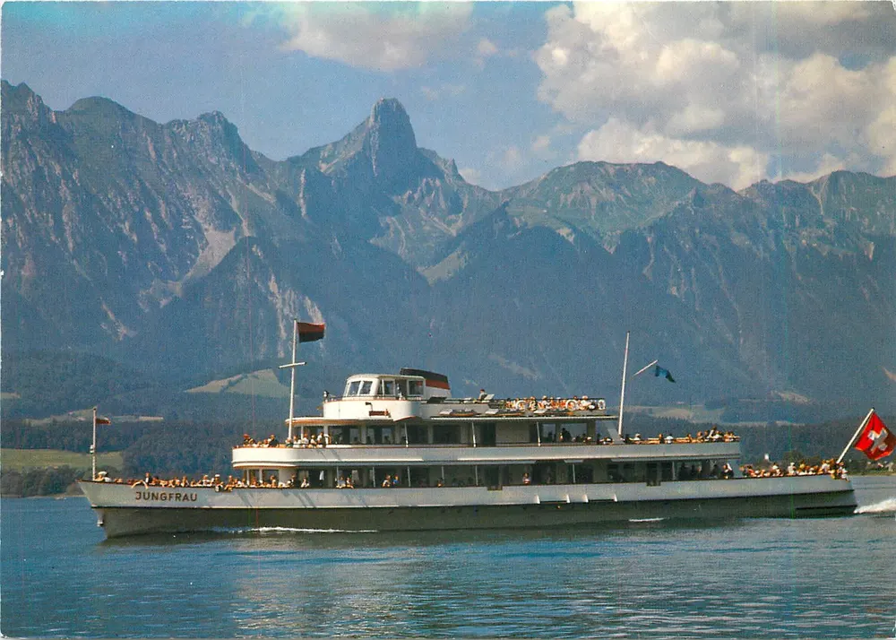 MS Jungfrau — lago de Thoune — montanha Stockhorn — edição A. Baur, Oberhofen - Frente