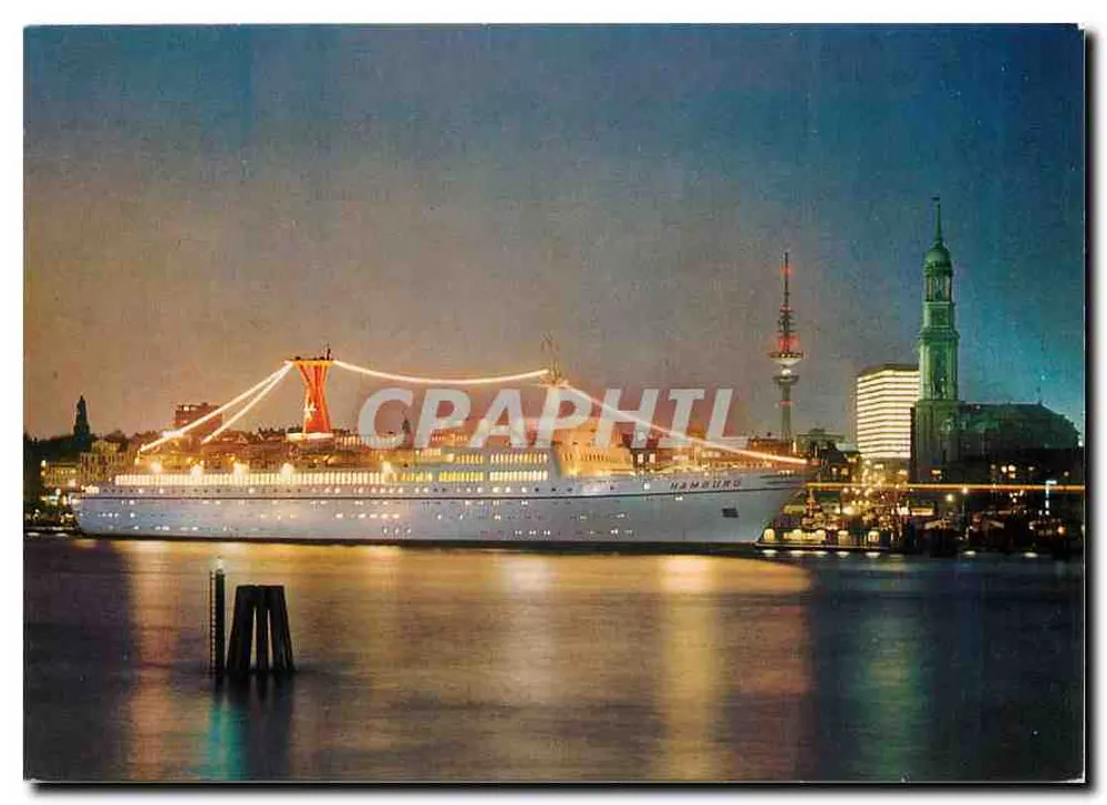Navio de cruzeiro TS 'HAMBURG' — Porto de Hamburgo à noite — Foto und Verlag Hans Hartz, Hamburgo, n° 1/568 - Frente