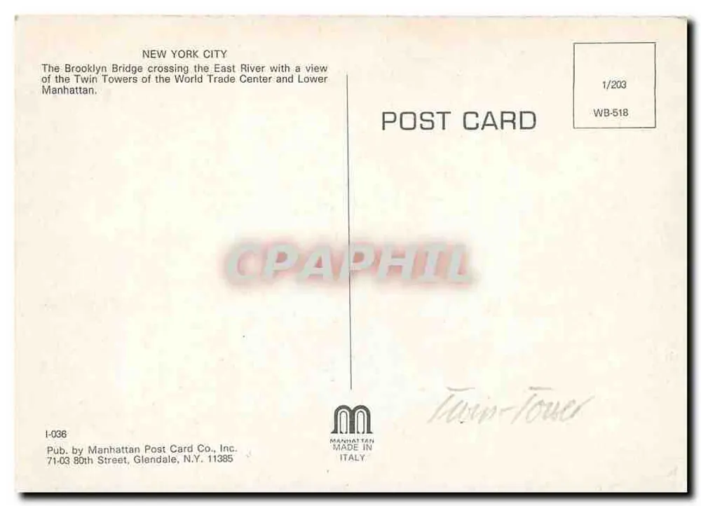 New York City — Brooklyn Bridge und Twin Towers — Manhattan Post Card Co. Inc. - Rückseite