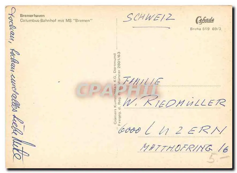 Bremerhaven — Columbus-Bahnhof com MS 'Bremen' — Crämers Kunstmetall KG, Dortmund - Verso