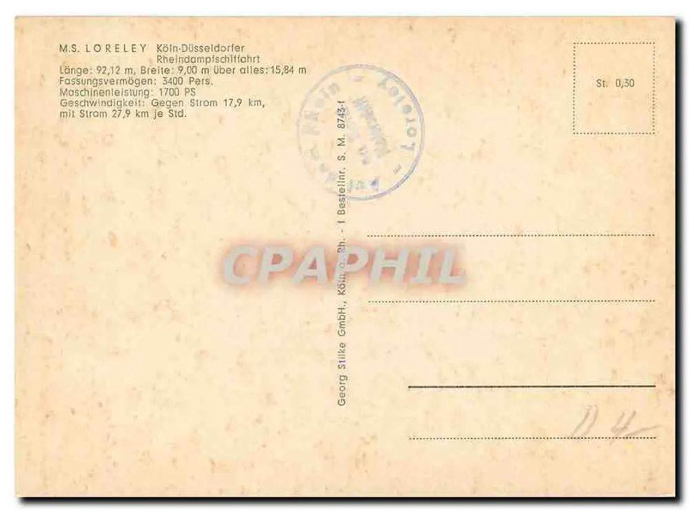MS LORELEY — Cruzeiro pelo rio Reno — Georg Stilke GmbH, Köln - Verso