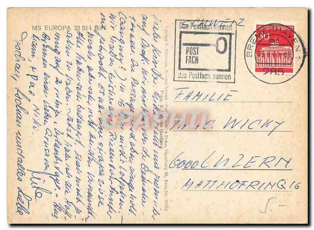 MS Europa — navio de cruzeiro — Verlag F. Münze, Berlim - Verso