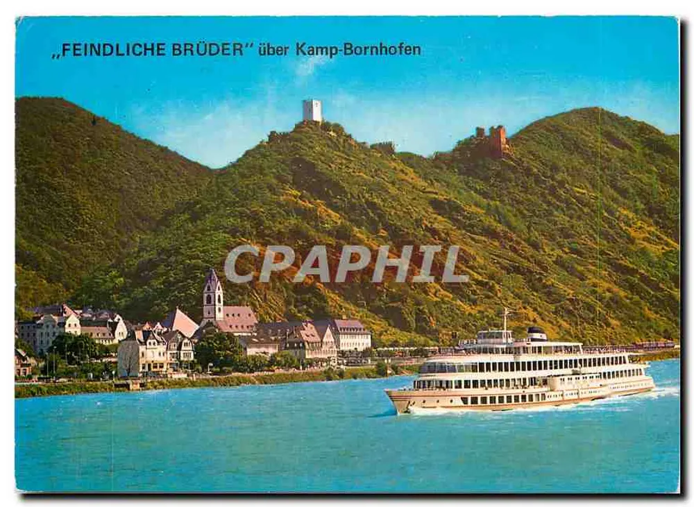 Kamp-Bornhofen — vista do rio Reno com castelo e barco — Rahwiel Verlag - Frente