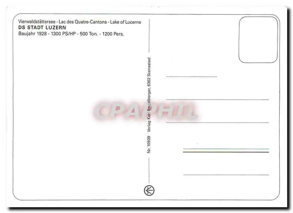 Navio a vapor STADT LUZERN — Lago dos Quatro Cantões — Editor Karl Enzlerberger, n° 10939 - Verso