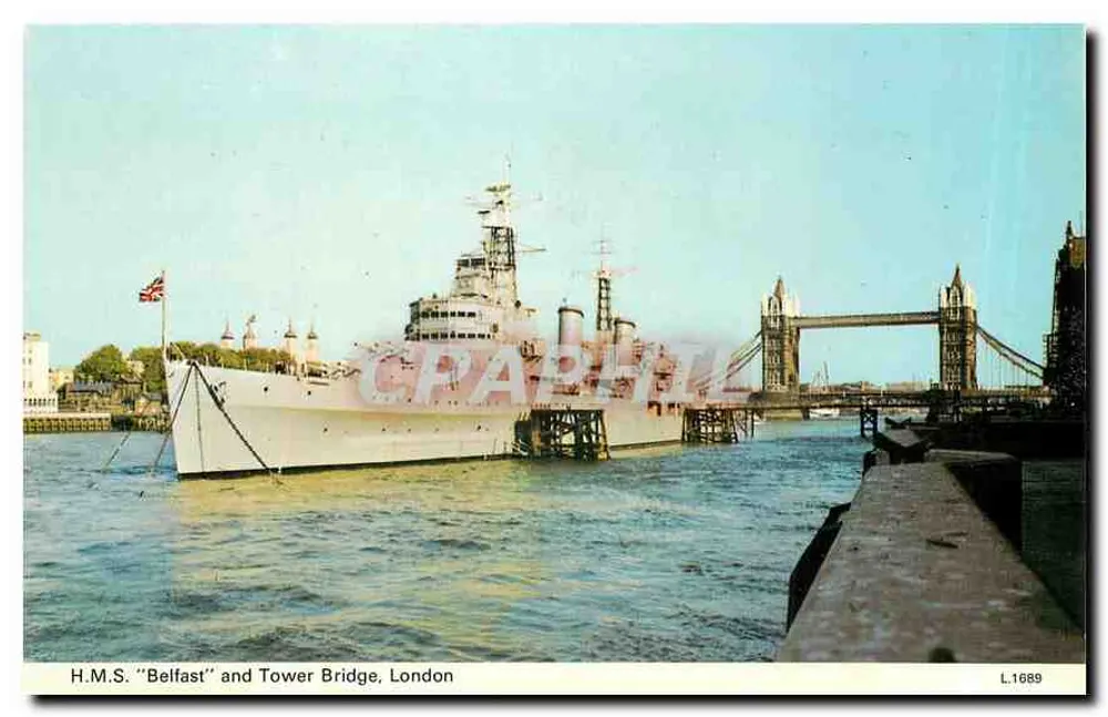 H.M.S. "Belfast" e Tower Bridge, Londres — edição Dennis & Sons Ltd, n° L.1689 - Frente