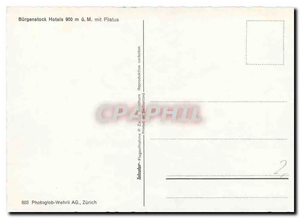 Alberghi Bürgenstock 900 m slm con Pilatus — Photoglob-Wehrli AG, Zurigo, n° 883 - Verso