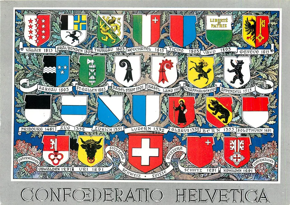 Armas dos cantões suíços — Confederação Helvetica — Editor G. Jaeger, Genebra, n° 401 - Frente