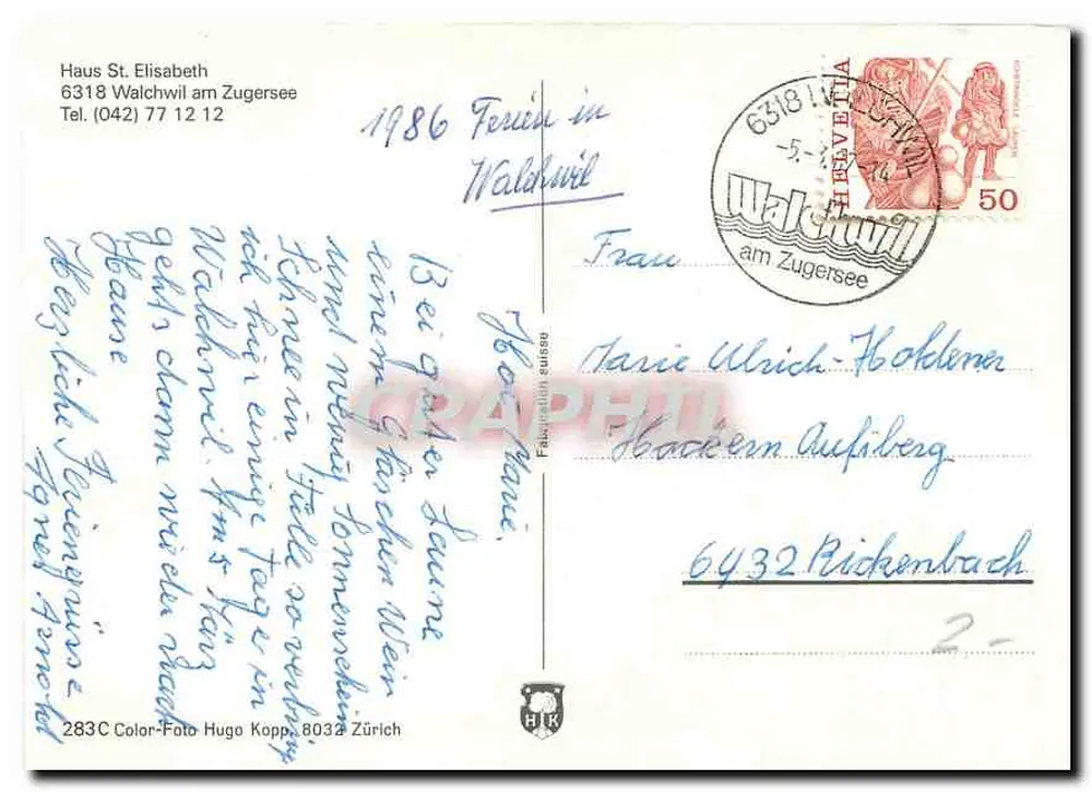 Haus St. Elisabeth — Walchwil am Zugersee — editor Hugo Kopp, n° 283C - Verso