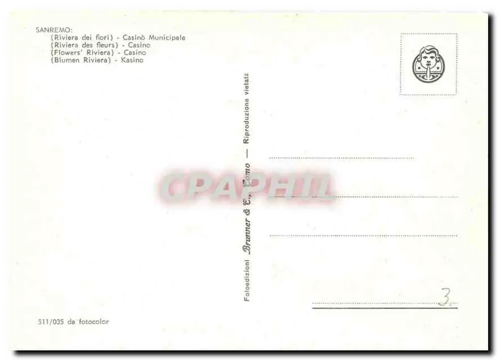 Sanremo — Riviera des fleurs — Casino Municipale — Brunner & E. Como - Verso