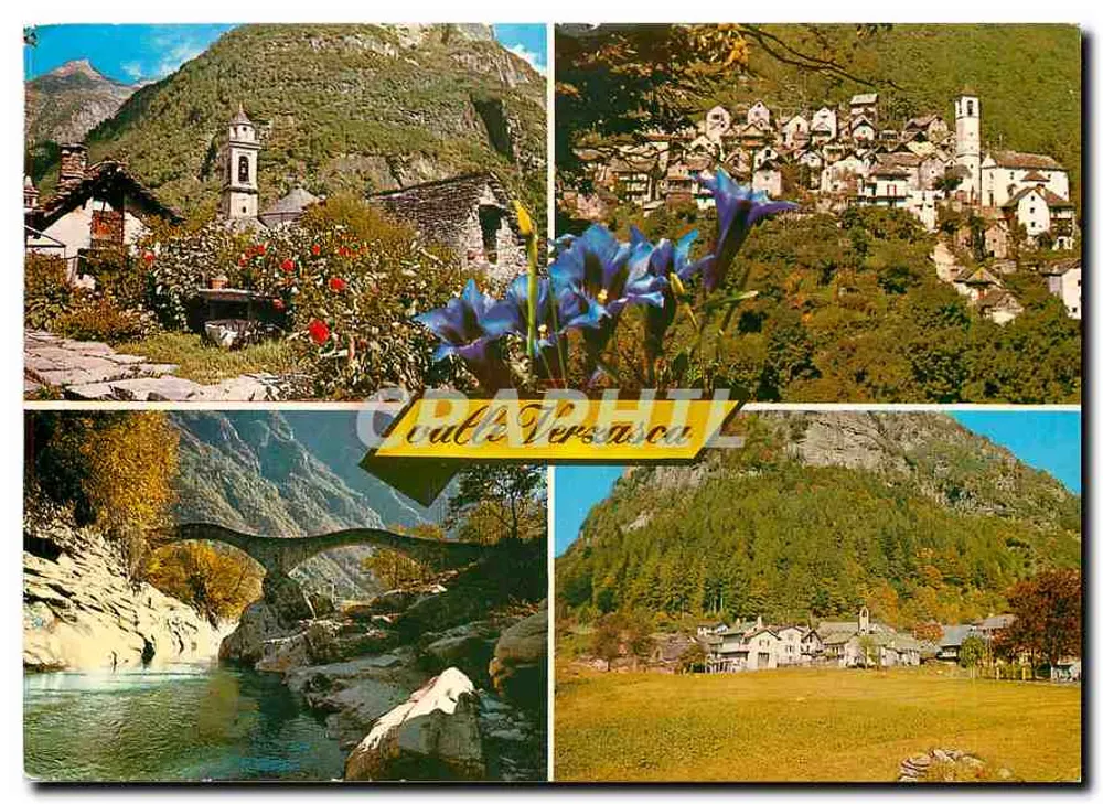 Valle Verzasca — paisagem alpina com flores, vila, ponte e montanhas — Graphitel - Frente