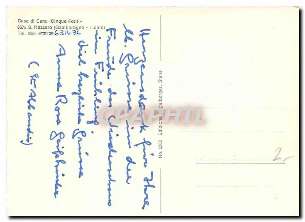 Casa di Cura «Cinque Fonti» — S. Nazzaro (Ticino) — Édition Stans, n° 5263 - Verso