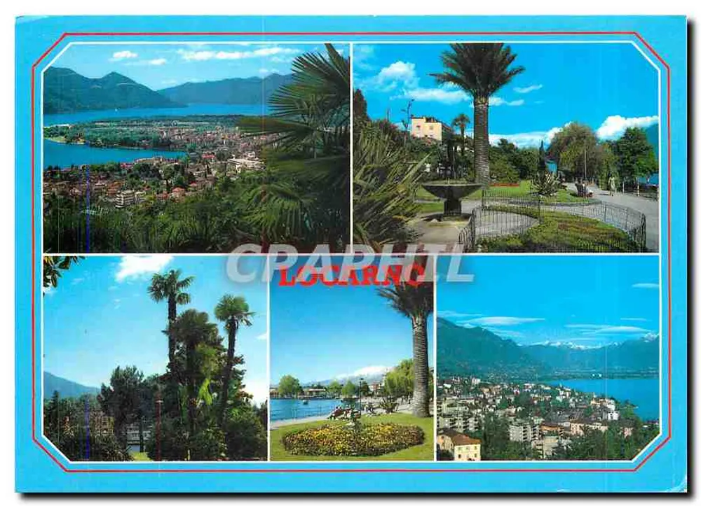 Locarno — widok panoramiczny z palmami i jeziorem — wydawca Photoglob - Awers