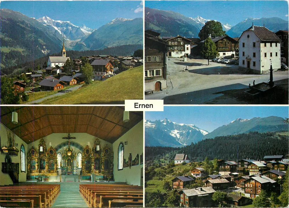 Ernen — alpine village with church and snow-capped mountains — publisher Thot Klopfenstein - Front