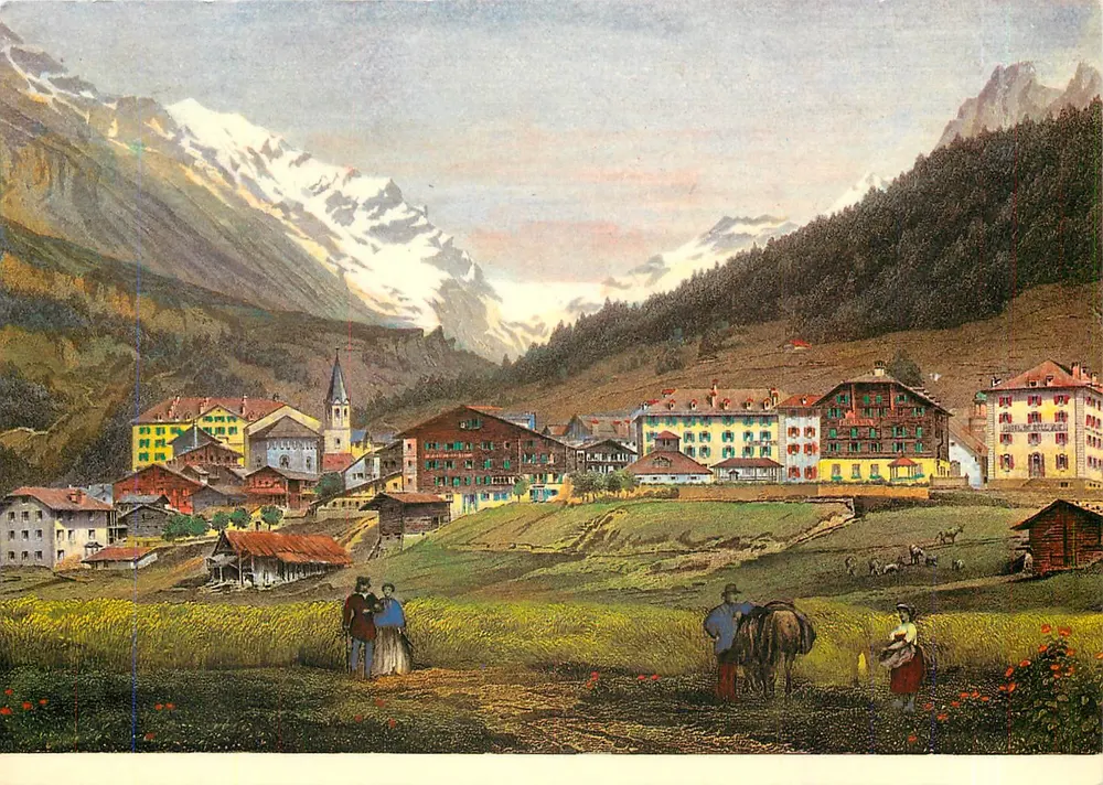 Leukerbad mit dem Balmhorn — Ansicht von 1836 nach L. Rohbock — Verlag Klopferstein - Vorderseite
