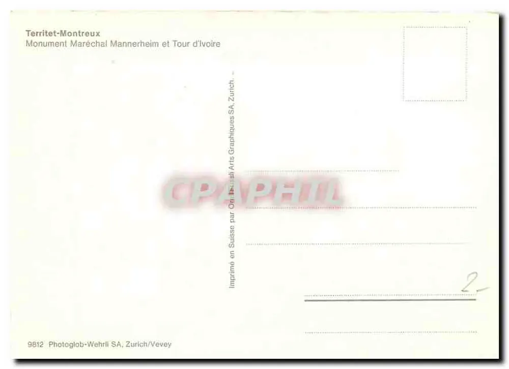 Territet-Montreux — Denkmal für den Marschall Mannerheim und Turm der Elfenbein — Photoglob-Wehrli SA, Zürich/Vevey - Rückseite