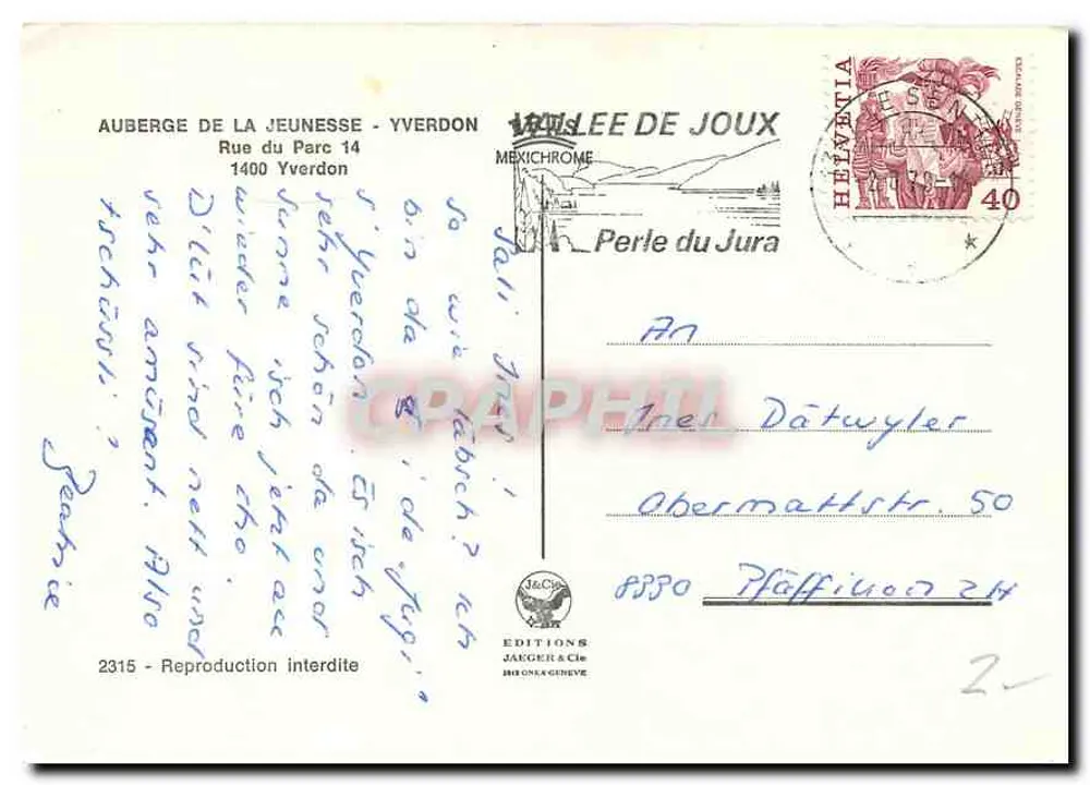 Auberge de la Jeunesse — Yverdon — Éditions Jaeger & Cie - Verso