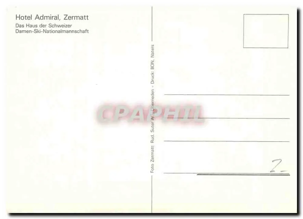 Albergo Admiral — Zermatt — editore Suter & Cie, Naters - Verso