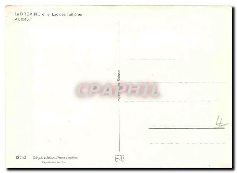 La Brevine y el Lago de los Taillières — Alt. 1046 m — Edición Deriaz, Suiza, n° 13250 - Reverso