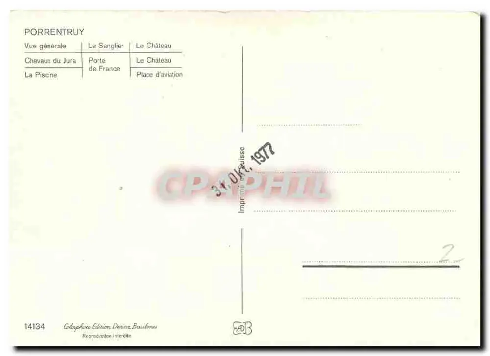 Porrentruy — allgemeiner Blick, das Wildschwein, das Schloss, Jura-Pferde, Tor von Frankreich, das Schwimmbad, Flugplatzplatz — Colophon Edition Deriaz Baulmes, Nr. 14134 - Rückseite
