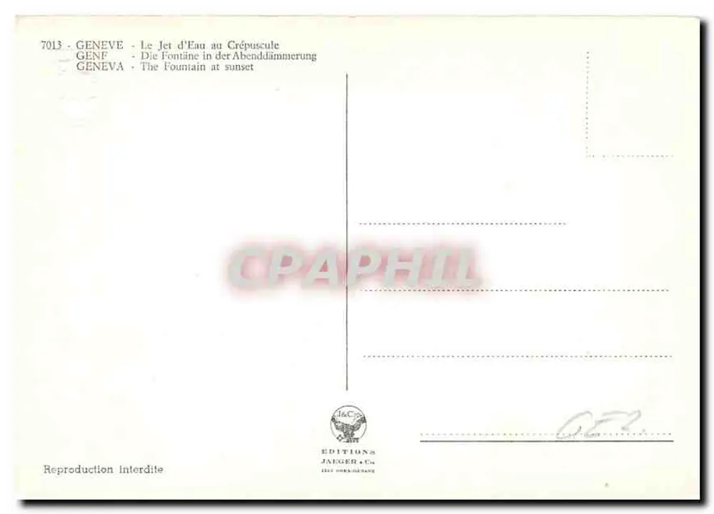Genebra — O Jato d'Água ao entardecer — Edições Jäger & Cie, n°7013 - Verso