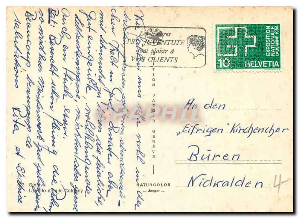 Genebra, a pérola do Lago Léman — Bilhete postal antigo da série 'Naturcolor' por Jaeger - Verso