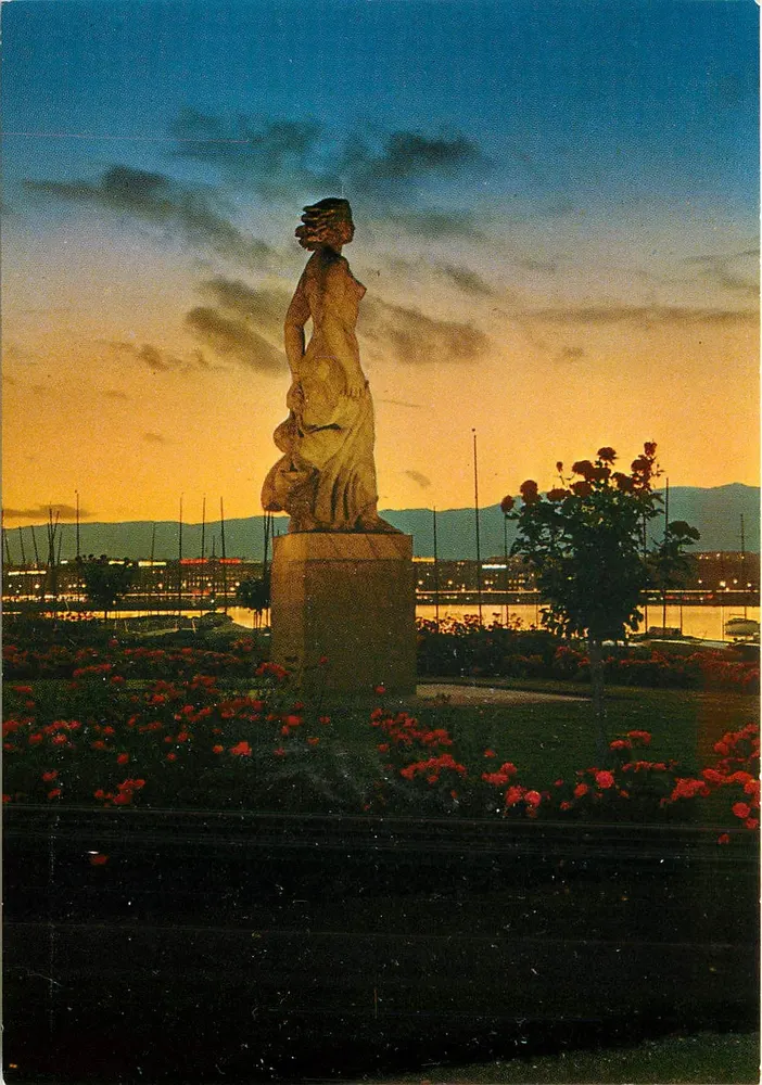 Estátua de « La Brise » em Genebra — ao entardecer — Linda Color, Genebra, n° 3212 - Frente