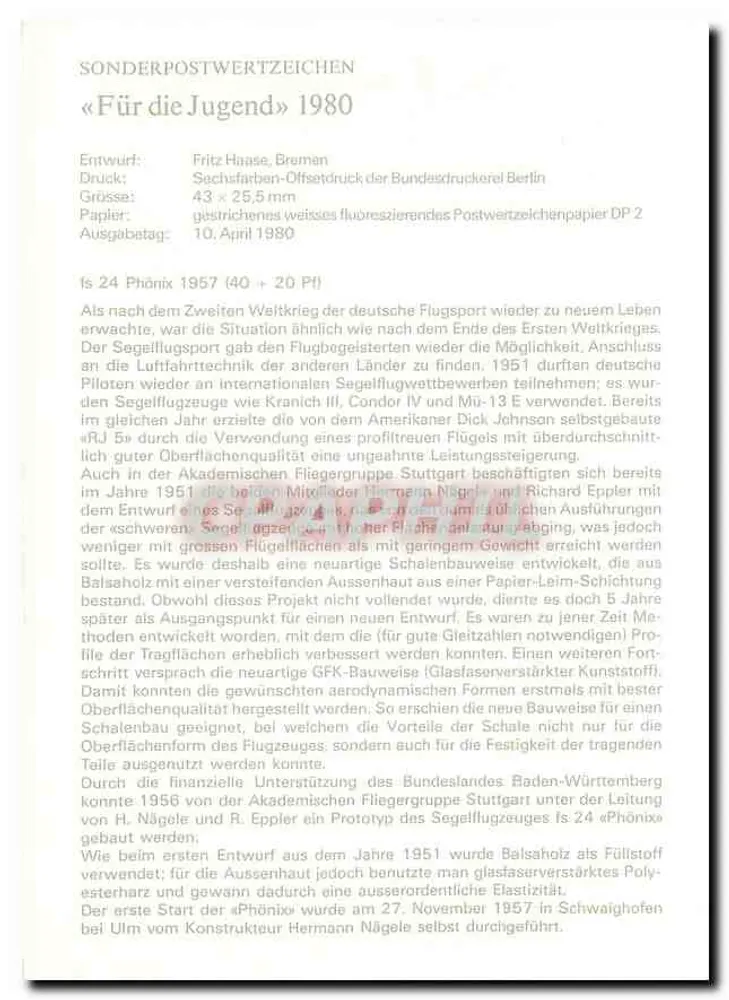 Segelflugzeug Phoenix 1957 — Sonderausgabe für Jugendliche — Deutsche Bundespost - Rückseite