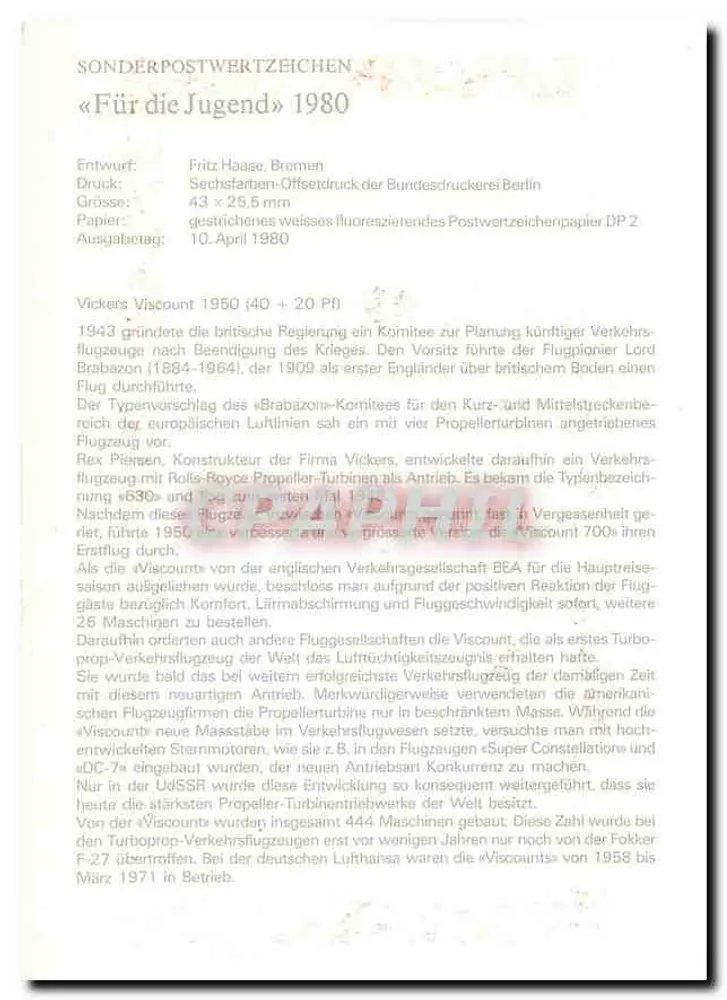 Vickers Viscount 1950 — pour la jeunesse — Deutsche Bundespost Berlin, n° de série 1000 - Verso
