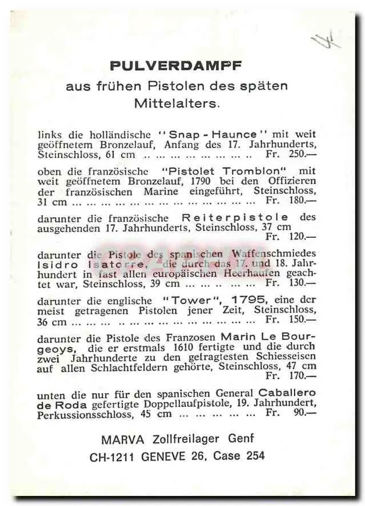 Sammlung von Schwarzpulverpistolen und Gewehr — MARVA Zollfreilager Genf, n° CH-1211 - Rückseite